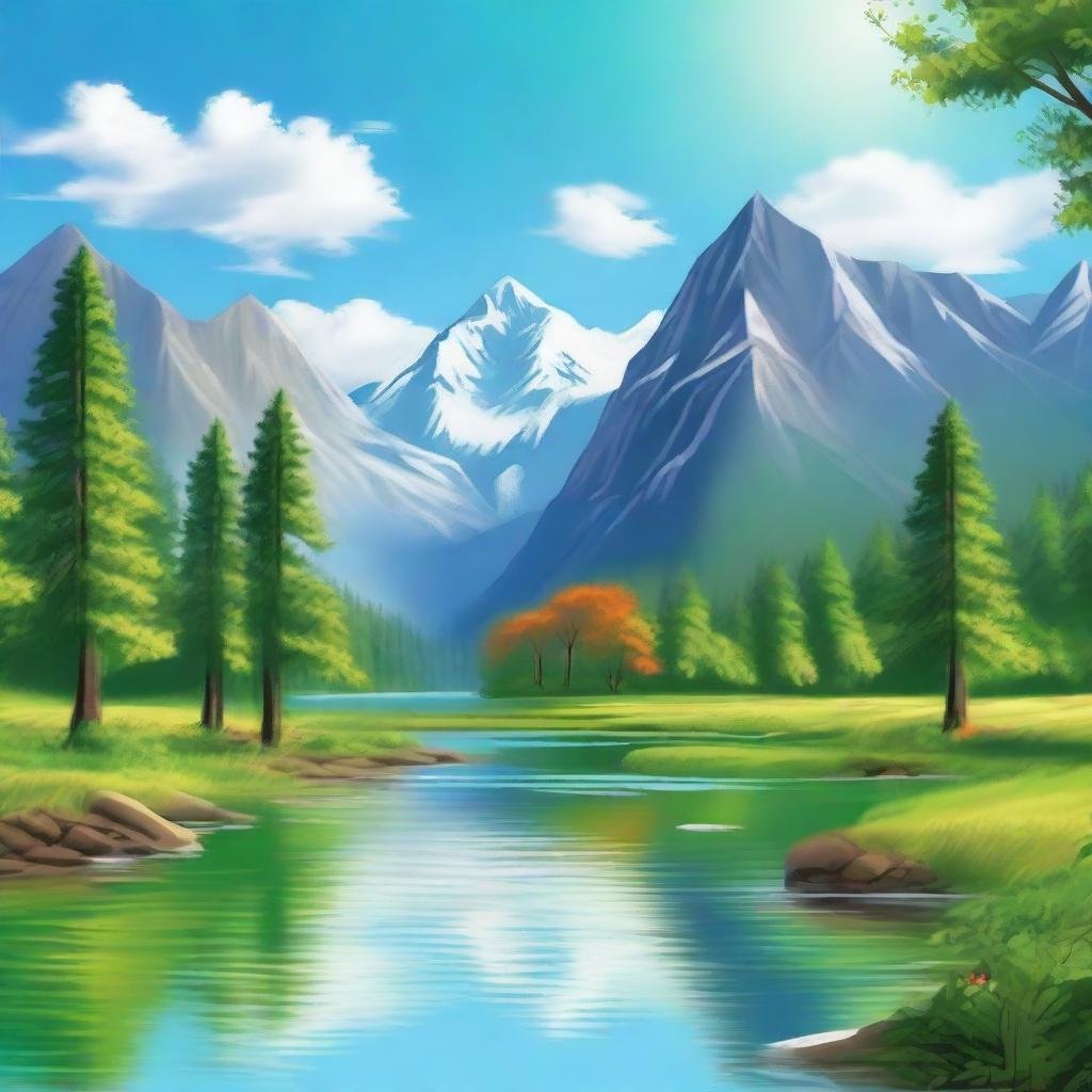 A beautiful scenic landscape featuring mountains, a river flowing through a forest, and a clear blue sky with fluffy white clouds