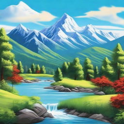 A beautiful scenic landscape featuring mountains, a river flowing through a forest, and a clear blue sky with fluffy white clouds