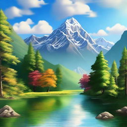 A beautiful scenic landscape featuring mountains, a river flowing through a forest, and a clear blue sky with fluffy white clouds