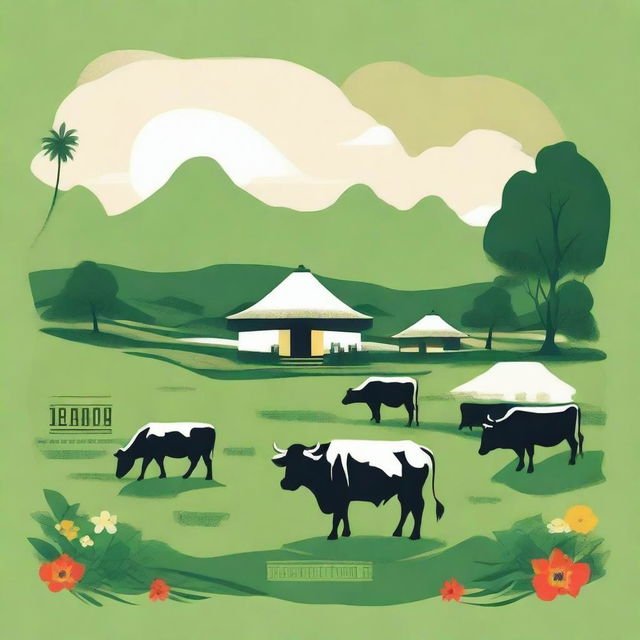 A serene image of cattle grazing in a lush green field with an Indian village backdrop, featuring traditional huts and vibrant flora