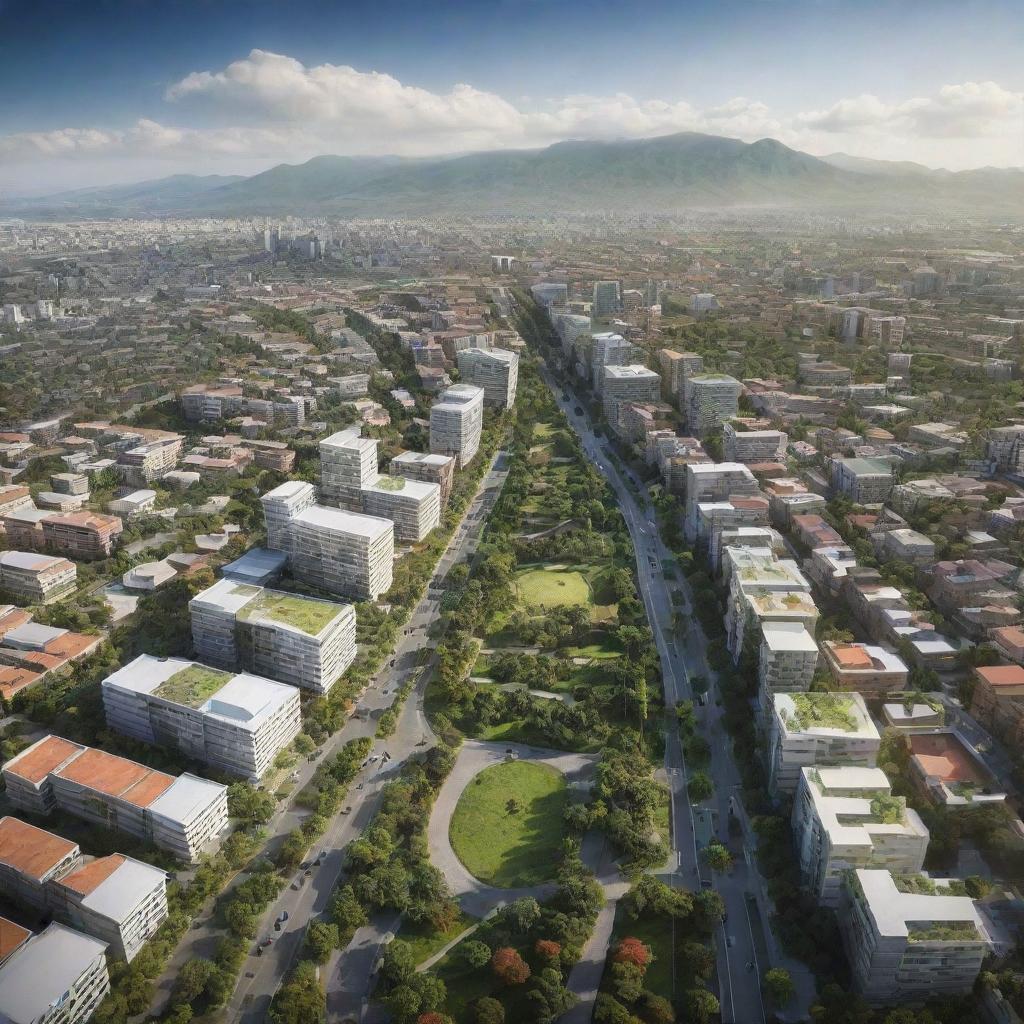 A future vision of Santa Cruz, Bolivia in 2025. Features include modern architecture, advanced transportation, thrumming city life with lush green avenues. Andes mountains stand proudly in the distance signaling the city's connection with its natural beauty.