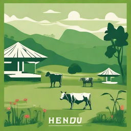 A serene image of cattle grazing in a lush green field with an Indian village backdrop, featuring traditional huts and vibrant flora