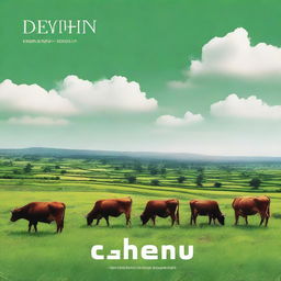 A serene image of cattle grazing in a lush green field with a quaint village in the backdrop