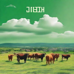 A serene image of cattle grazing in a lush green field with a quaint village in the backdrop