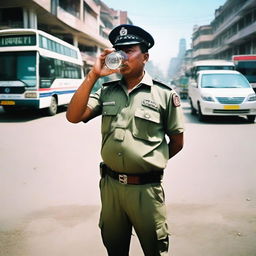 A scene showing a Nepal traffic police officer in uniform drinking water from a bottle