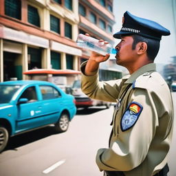 A scene showing a Nepal traffic police officer in uniform drinking water from a bottle