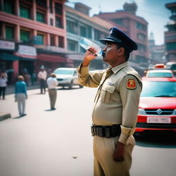 A scene showing a Nepal traffic police officer in uniform drinking water from a bottle