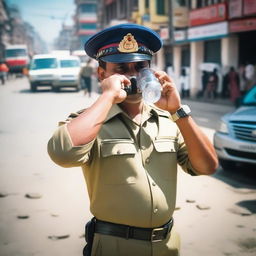 A scene showing a Nepal traffic police officer in uniform drinking water from a bottle