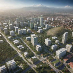 A future vision of Santa Cruz, Bolivia in 2025. Features include modern architecture, advanced transportation, thrumming city life with lush green avenues. Andes mountains stand proudly in the distance signaling the city's connection with its natural beauty.