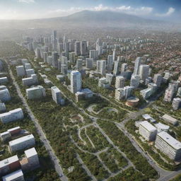 A future vision of Santa Cruz, Bolivia in 2025. Features include modern architecture, advanced transportation, thrumming city life with lush green avenues. Andes mountains stand proudly in the distance signaling the city's connection with its natural beauty.