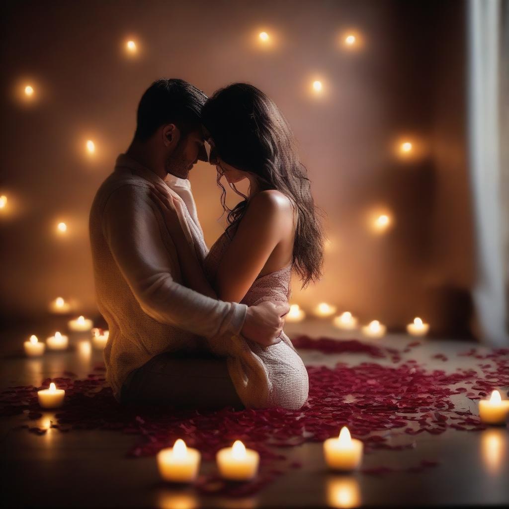 A sensual romantic scene featuring a couple in an intimate embrace, with soft lighting and a warm atmosphere