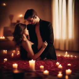 A sensual romantic scene featuring a couple in an intimate embrace, with soft lighting and a warm atmosphere