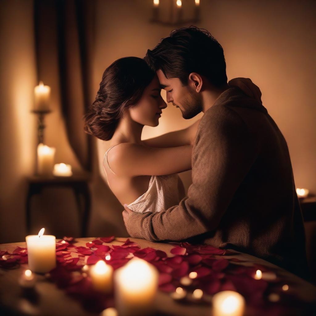 A sensual romantic scene featuring a couple in an intimate embrace, with soft lighting and a warm atmosphere