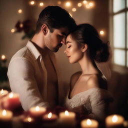 A sensual romantic scene featuring a couple in an intimate embrace, with soft lighting and a warm atmosphere