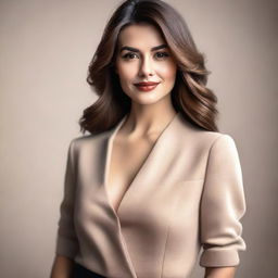 A portrait of a confident and attractive woman posing in a stylish outfit