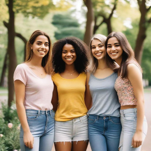 A group of young women standing together, smiling and enjoying each other's company in a vibrant outdoor setting