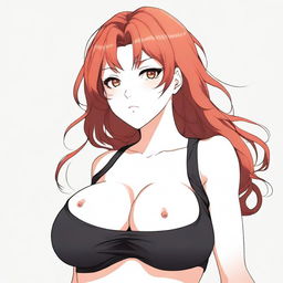 A detailed anime-style illustration of a redheaded woman with huge breasts, wearing a tank top and black panties, set against a white background