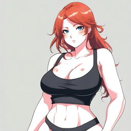 A detailed anime-style illustration of a redheaded woman with huge breasts, wearing a tank top and black panties, set against a white background