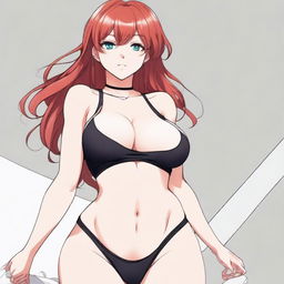 A detailed anime-style illustration of a redheaded woman with huge breasts, wearing a tank top and black panties, set against a white background