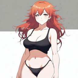 A detailed anime-style illustration of a redheaded woman with huge breasts, wearing a tank top and black panties, set against a white background