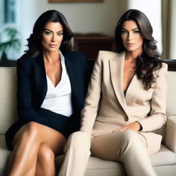 Belen Rodriguez and Megan Gale are two women dressed as female bodyguards, sitting on a luxurious two-seater sofa in a high-end office on a summer night