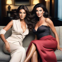 Belen Rodriguez and Megan Gale are two women dressed as female bodyguards, sitting on a luxurious two-seater sofa in a high-end office on a summer night