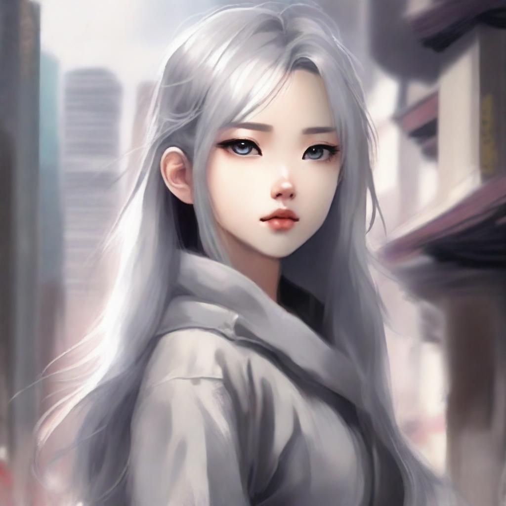 Create a 600x800 pixel novel cover featuring an Asian girl with flaxen hair and silver-gray eyes, showing a sad yet resolute facial expression