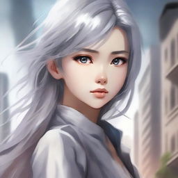 Create a 600x800 pixel novel cover featuring an Asian girl with flaxen hair and silver-gray eyes, showing a sad yet resolute facial expression