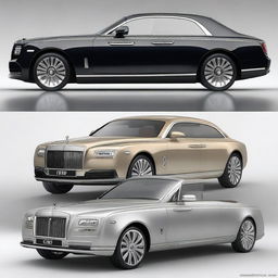 Create an image of a car that combines elements from different luxury brands: a Rolls Royce bumper, a BMW body, and a Mercedes back