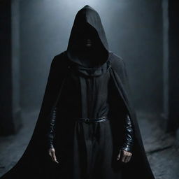 A slender, mysterious assassin with hair covering one eye and dressed in a hooded cloak, posing in a shadowy atmosphere