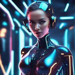 Create an image of a futuristic woman with advanced technological features