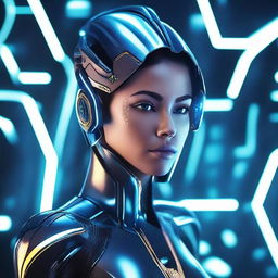 Create an image of a futuristic woman with advanced technological features