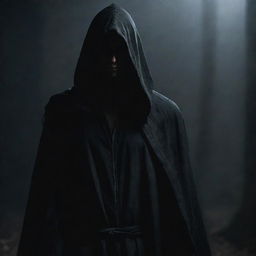 A slender, mysterious assassin with hair covering one eye and dressed in a hooded cloak, posing in a shadowy atmosphere