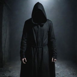 A slender, mysterious assassin with hair covering one eye and dressed in a hooded cloak, posing in a shadowy atmosphere