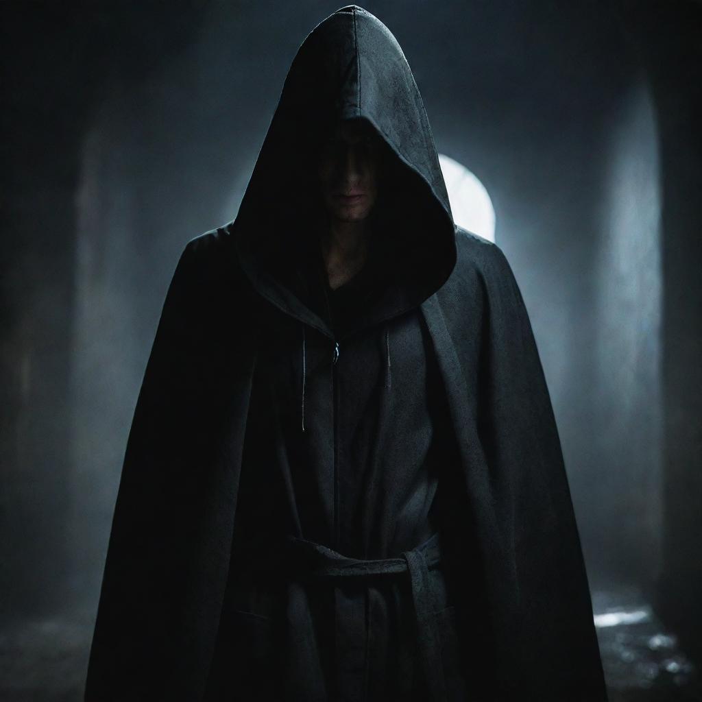 A slender, mysterious assassin with hair covering one eye and dressed in a hooded cloak, posing in a shadowy atmosphere