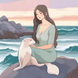 A serene and comforting scene featuring an emotional support selkie