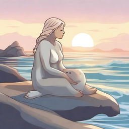 A serene and comforting scene featuring an emotional support selkie