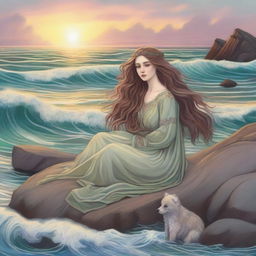 A serene and comforting scene featuring an emotional support selkie in the style of Pre-Raphaelite art