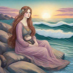 A serene and comforting scene featuring an emotional support selkie in the style of Pre-Raphaelite art