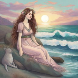 A serene and comforting scene featuring an emotional support selkie in the style of Pre-Raphaelite art