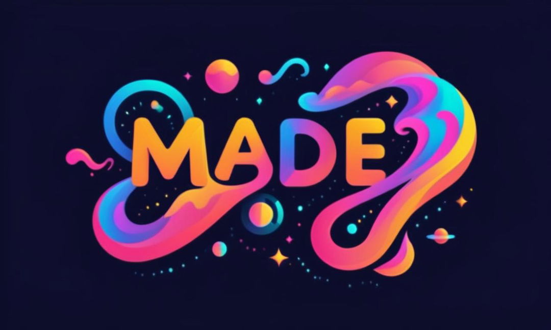 Psychedelic text logo saying 'Made with AI' in vibrant, swirling colors.