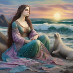 A captivating scene featuring a seal woman in the style of Pre-Raphaelite art