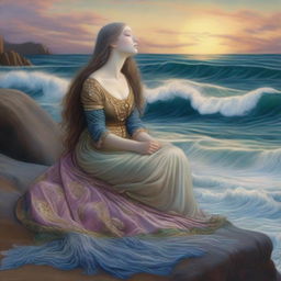 A captivating scene featuring a seal woman in the style of Pre-Raphaelite art