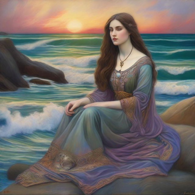 A captivating scene featuring a seal woman in the style of Pre-Raphaelite art