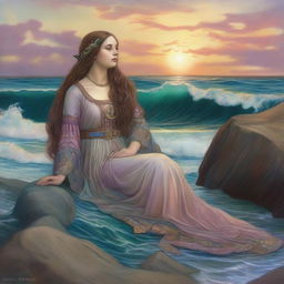 A captivating scene featuring a seal woman in the style of Pre-Raphaelite art