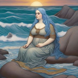 A captivating scene featuring a chubby seal woman with blue hair in the style of Pre-Raphaelite art