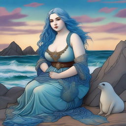 A captivating scene featuring a chubby seal woman with blue hair in the style of Pre-Raphaelite art