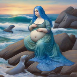 A captivating scene featuring a chubby seal woman with blue hair in the style of Pre-Raphaelite art