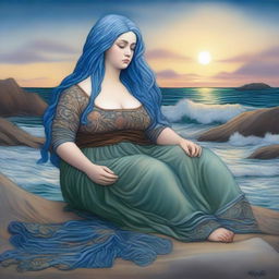 A captivating scene featuring a chubby seal woman with blue hair in the style of Pre-Raphaelite art