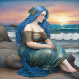 A captivating scene featuring a chubby sea woman with blue hair in the style of Pre-Raphaelite art